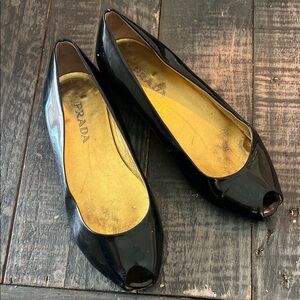 Prada Black Patent Leather Peep Toe Flats